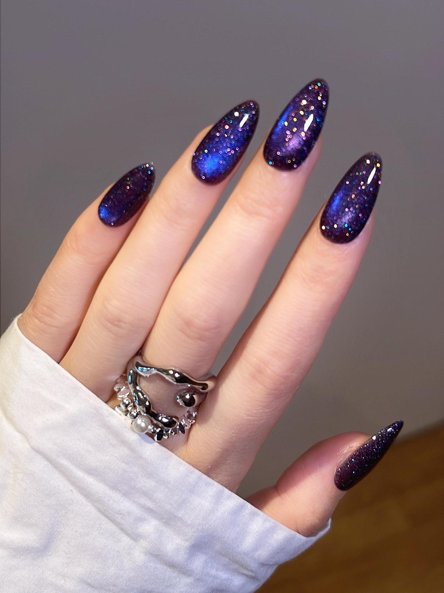 Shiny Glitter Galaxy Aurora Black Purple Blue Cat Eye Glass Bead Press On Nails |Almond Oval nails, y2k Nails