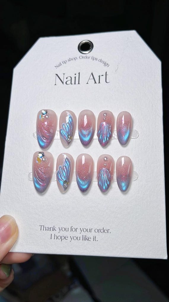 Fairy Glittery Mermaid Pearl Pinky Red Blush Blue Cat Eye French Style Reusable Nails| Press on Nails | Beautiful Nails | almond nails
