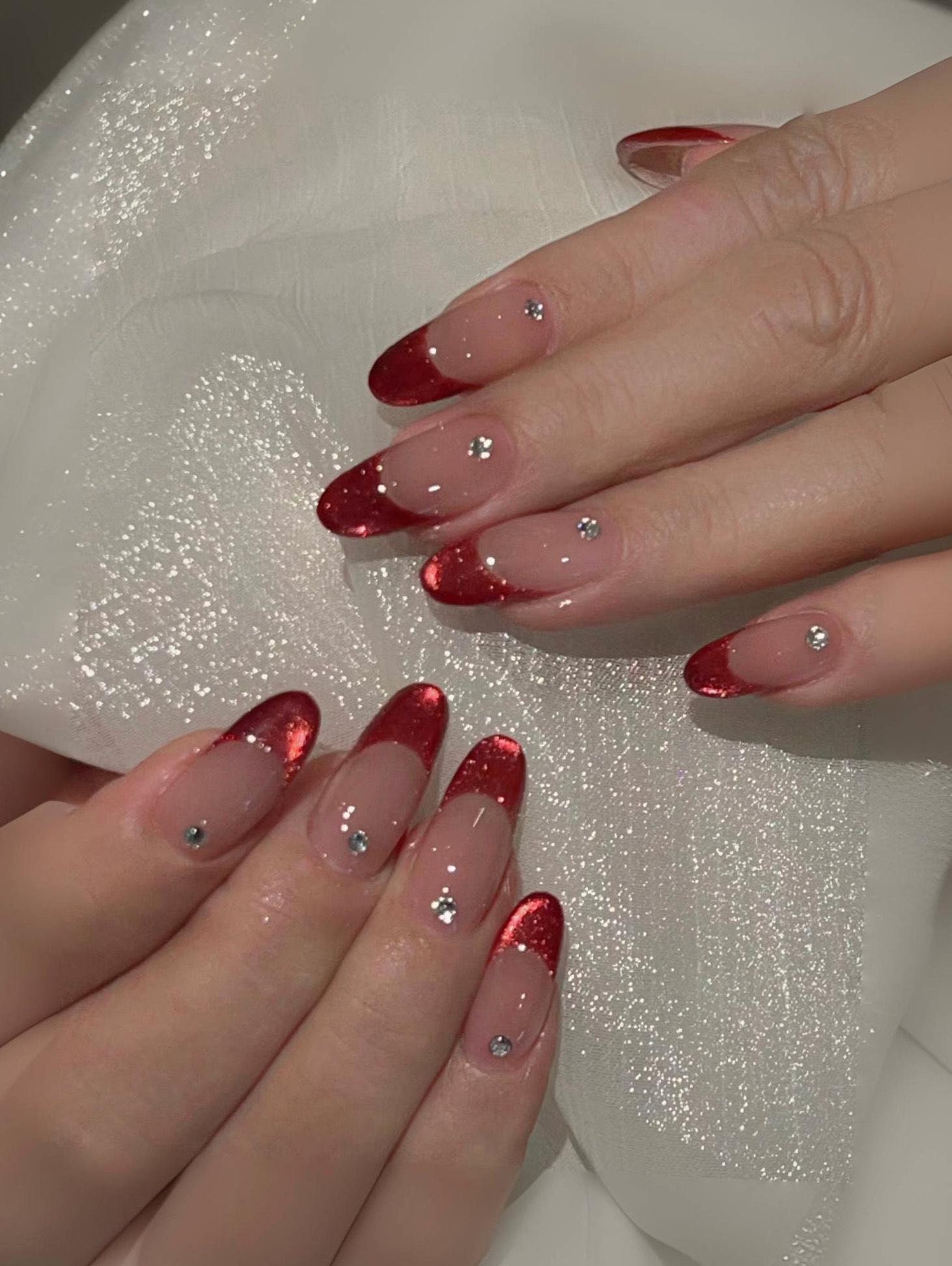 Rote Katzenaugen Französische Spitzen Strass Press on Nails |Rote Mandel False Nails |Neujahr Nägel |Weihnachts Nägel, Valentinstag Nägel