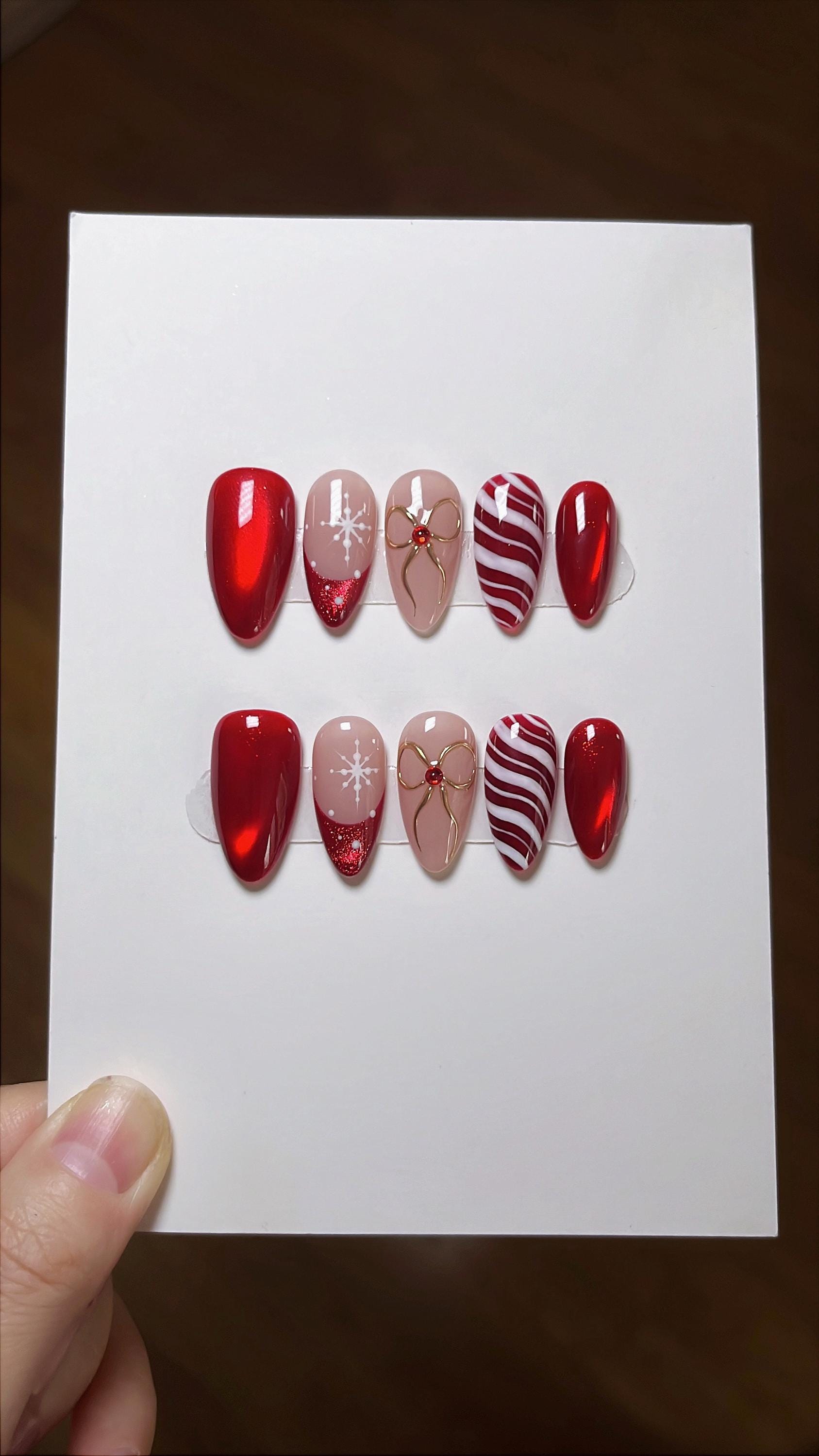 Red Cat Eye Snowflake & Candy Cane Christmas Press on Nails |red