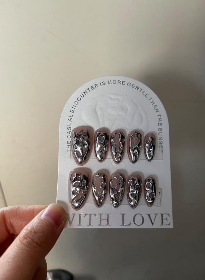 Y2k metal black silver chrome nails |Reusable Press on Nails |3d