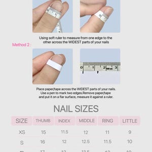 May include: A chart showing how to measure finger sizes for nail tips. The chart includes a table with sizes for thumb, index, middle, ring, and little fingers. The sizes are listed in millimeters.
