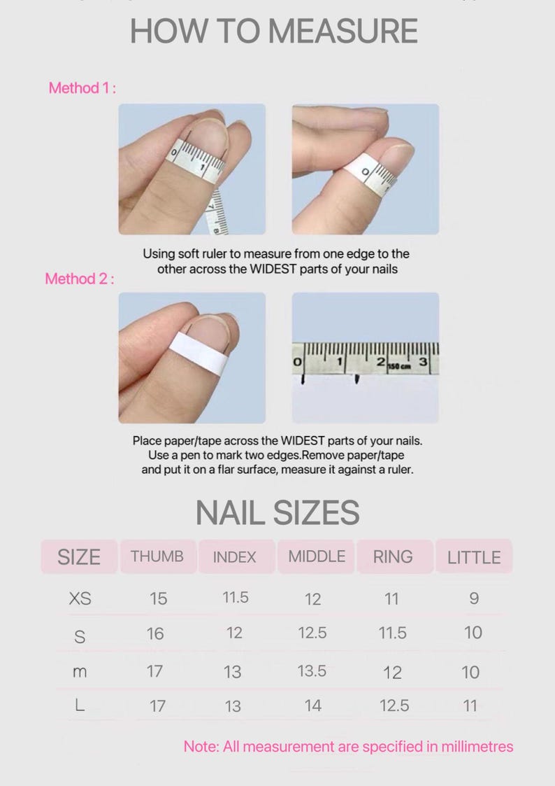 May include: A chart showing how to measure finger sizes for nail tips. The chart includes a table with sizes for thumb, index, middle, ring, and little fingers. The sizes are listed in millimeters.