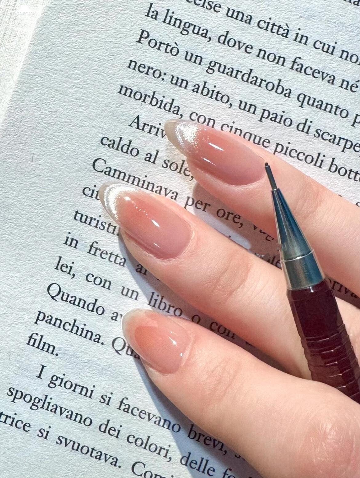 Red Blush Clear Nude Glittery French White Cat eye Nails | Reusable Press on Nails | Almond nails |Minimalist Style Nail