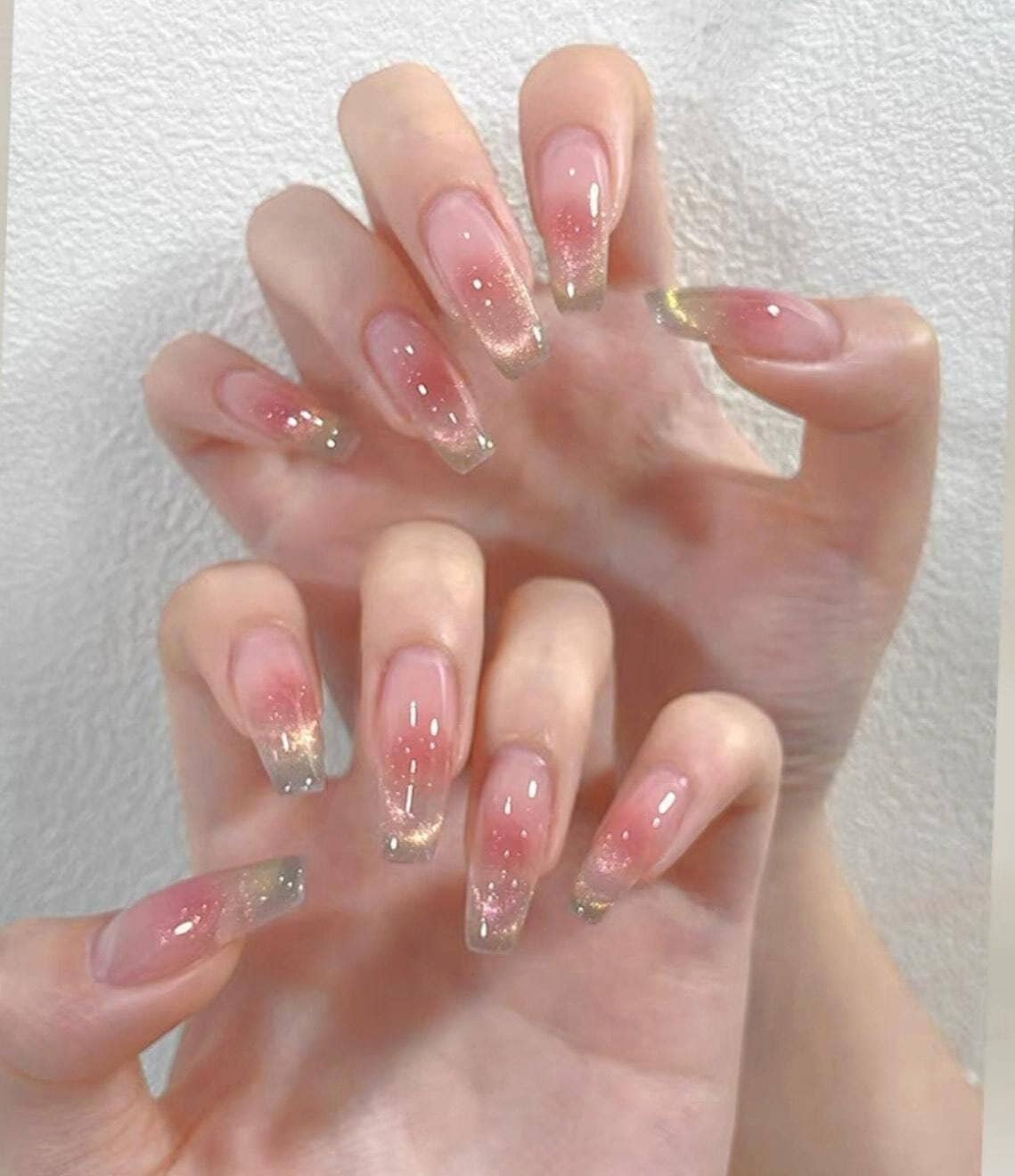 Shiny Glittering Sunset Galaxy Pinky Blush Cat Eye Press on Nails | False Nails | Long nails
