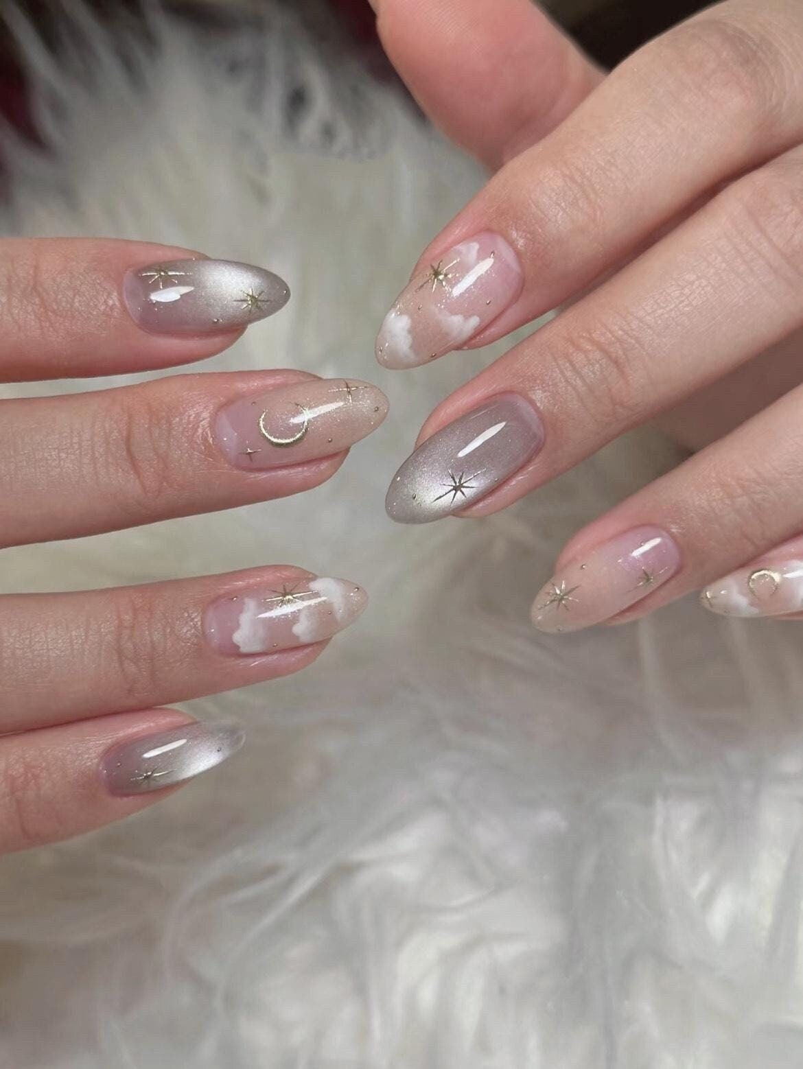 White Cloud Galaxy Golden Moon Star Shiny Nude Grey Glass Beam Cat