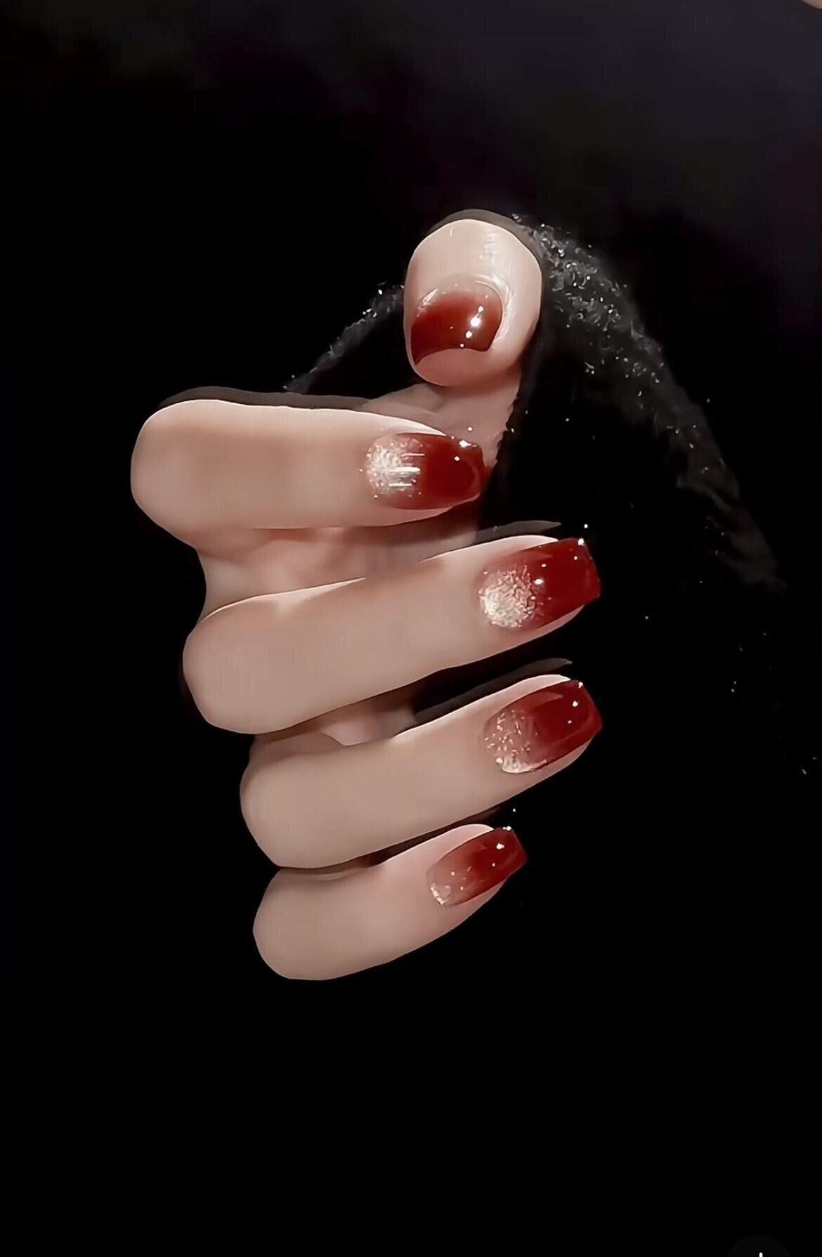 Vivid Red Geometric Gradient Nails