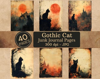 40 Black Cat Halloween Digital Paper, Cats Junk Journal Pages,  Vintage Halloween Cat Paper, Digital Pages JPG, Gothic Junk Journal Kit.