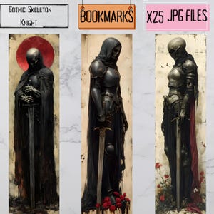 25 Marcadores Vintage Místicos Artículos Digitales de Halloween, Collage de Caballero Esqueleto, Hermosas Pegatinas Góticas JPG para tus Diarios y Novelas.