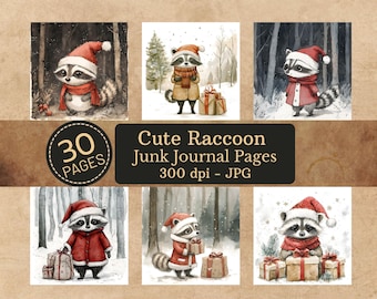 30 Cute Christmas Raccoon Backgrounds, JPG Files, Instant Download,Christmas Raccoon in the Forest with Gifts, Home Decor, Cute Raccoon Art.