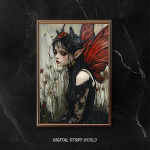 Somber Fairy Painting, Gothic Oil Print, Dark Academia Wall Art, Melancholic Fantasy Decor, Elegant Gothic Art, Vintage-Inspired Artwork.