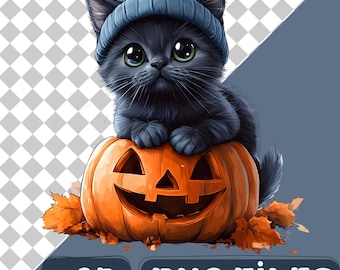 May include: A digital illustration of a black cat wearing a blue beanie, perched atop a carved orange pumpkin. The pumpkin has a smiling face and is surrounded by autumn leaves. The image includes the text "x25 PNG FILES".