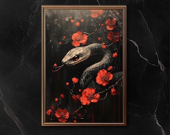 Gothic Botanical Snake Wall Art, Dark Botanical Decor, Vintage Animal Print, Floral Black Snake Artwork for Witch Aesthetic, Dark Achademy.