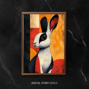Charming Modern Rabbit Art Print, Whimsical Bunny Wall Art, Colorful Bunny Poster, Rabbit Lovers Gift, Boho Rabbit Decor, Digital.