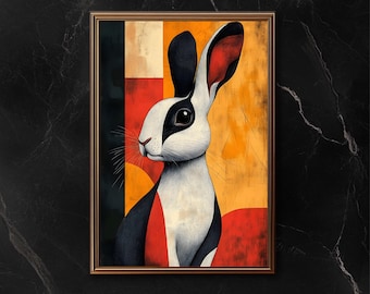Charming Modern Rabbit Art Print, Whimsical Bunny Wall Art, Colorful Bunny Poster, Rabbit Lovers Gift, Boho Rabbit Decor, Digital.