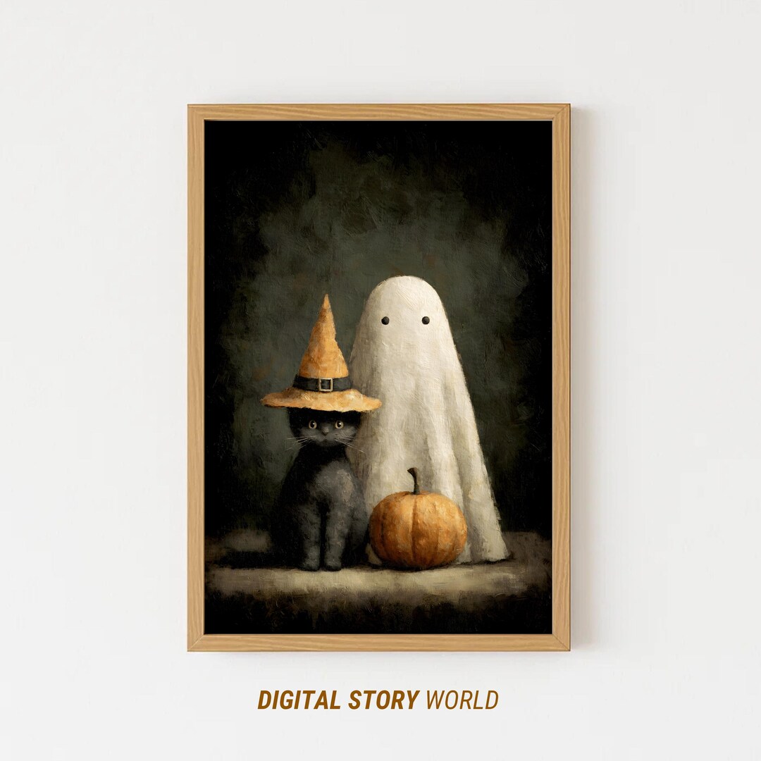 Black Cat and Ghost With Pumpkin | Vintage Halloween Wall Art | Witch ...