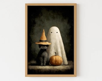 Black Cat and Ghost with Pumpkin | Vintage Halloween Wall Art | Witch Hat Spooky Print | Cozy Gothic Autumn Decor Poster