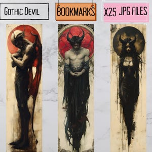 May include: Set of 25 gothic-themed bookmarks featuring illustrations of figures with horns and wings. The bookmarks are printed on high-quality paper and are perfect for adding a touch of darkness to your reading experience.