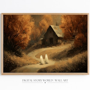 Ghosts by Autumn Cottage Art Print | Haunted House Halloween Poster | Spooky Gothic Wall Decor | Cozy Autumn Fall Digital Download