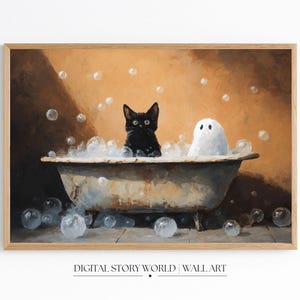 May include: A framed wall art print depicts a black cat and a white ghost-like figure in a vintage bathtub filled with bubbles. The artwork has a warm color palette with a brown background and a light brown wooden frame. The text "DIGITAL STORY WORLD | WALL ART" is at the bottom.