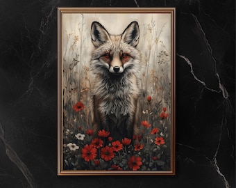 Gothic Fox Art – Mystical and Melancholic Woodland Print, Dark Fantasy Aesthetic, Enchanting Wall Decor for Nature & Animal Lovers