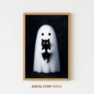 Ghost Holding Black Cat Art Print | Spooky Halloween Wall Decor | Gothic Haunted Home Poster for Cat Lovers and Whimsical Autumn Vibes