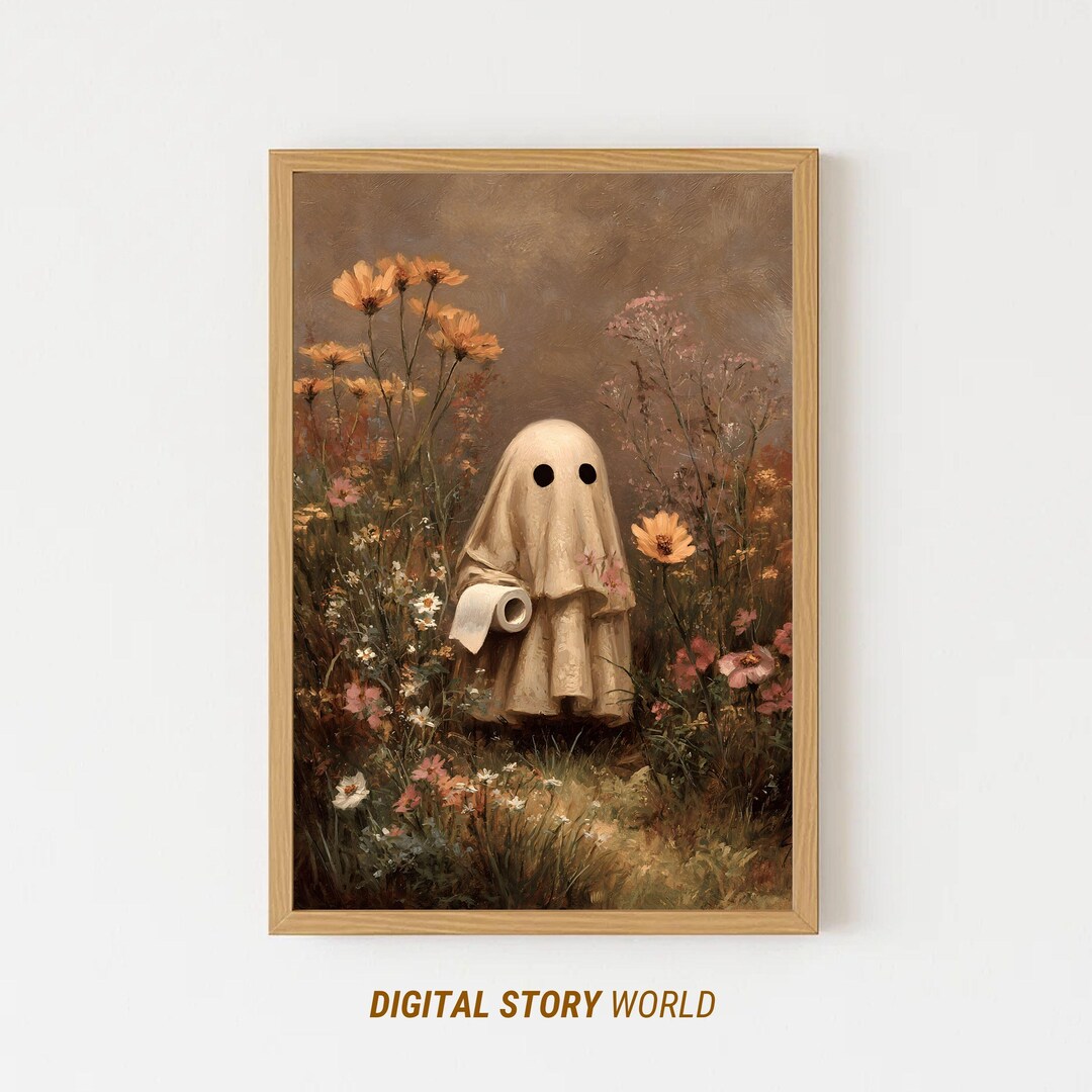 Whimsical Ghost in Field Art | Quirky Vintage Ghost Poster | Halloween ...