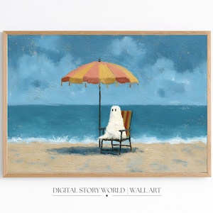 Beach Ghost Art Print | Whimsical Summer Halloween Poster | Spooky Coastal Wall Decor | Gothic Ocean Holiday Printable Download