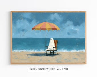 Beach Ghost Art Print | Whimsical Summer Halloween Poster | Spooky Coastal Wall Decor | Gothic Ocean Holiday Printable Download
