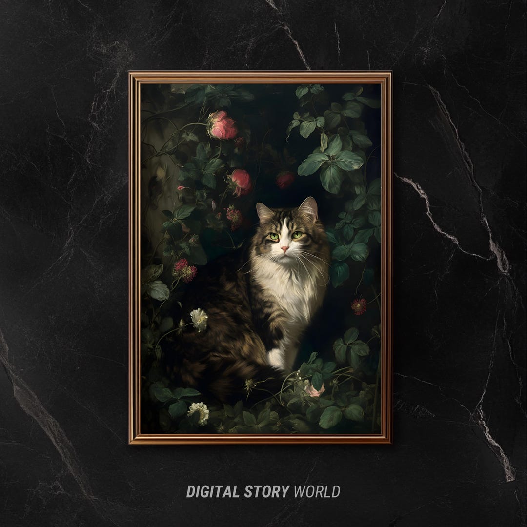 Moody Cat Art Print, Vintage Oil Art, Dark Academia Decor, Gothic Cat ...