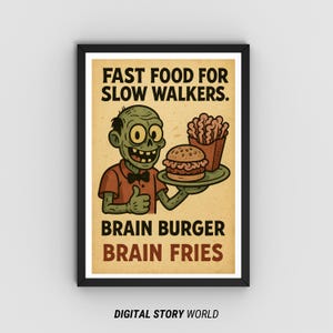 Póster de comida zombi divertida / Arte de cocina de Halloween / Estilo de dibujos animados vintage / Inspirado en la animación de los años 30 / Impresión de Brain Burger Diner