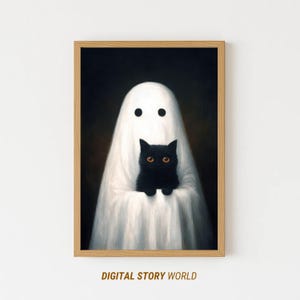 Ghost Holding Black Cat Art Print | Spooky Halloween Wall Decor | Gothic Haunted Home Poster for Cat Lovers and Cozy Autumn Vibes