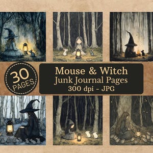 May include: A collection of six digital art prints featuring a witch and mice in a forest setting. Each image depicts a witch with a lantern, surrounded by mice. The text "Mouse & Witch Junk Journal Pages" is displayed.