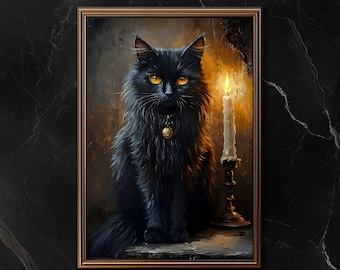 Black Cat with Candle Art Print, Halloween Gothic Wall Decor, Mystical Feline Illustration, Dark Academia,Witchy Vibes, Spooky Cat,Printable