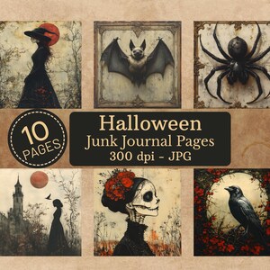Może przedstawiać: Zestaw stron dziennika śmieciowego o tematyce Halloween. Obrazy przedstawiają wiedźmę, nietoperza, pająka, zamek, czaszkę i kruka. Tekst na obrazie brzmi "Halloween Junk Journal Pages 300 dpi - JPG" i "10 Pages".