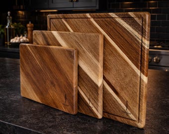 Acacia Wood Cutting Board Set, Japanese Style, Reversible with Juice Groove