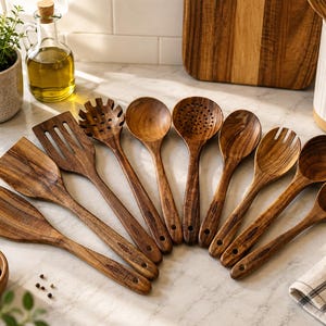 Puede incluir: Un juego de nueve utensilios de cocina de madera marrón oscuro dispuestos en abanico. La colección incluye varias espátulas, un servidor de pasta, una cuchara ranurada, una cuchara sólida y un cucharón, con veta de madera y un orificio.