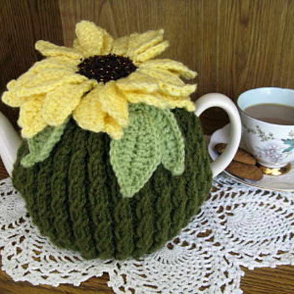 Digital Pattern, Sunflower Teacosy, knit, crochet PDF