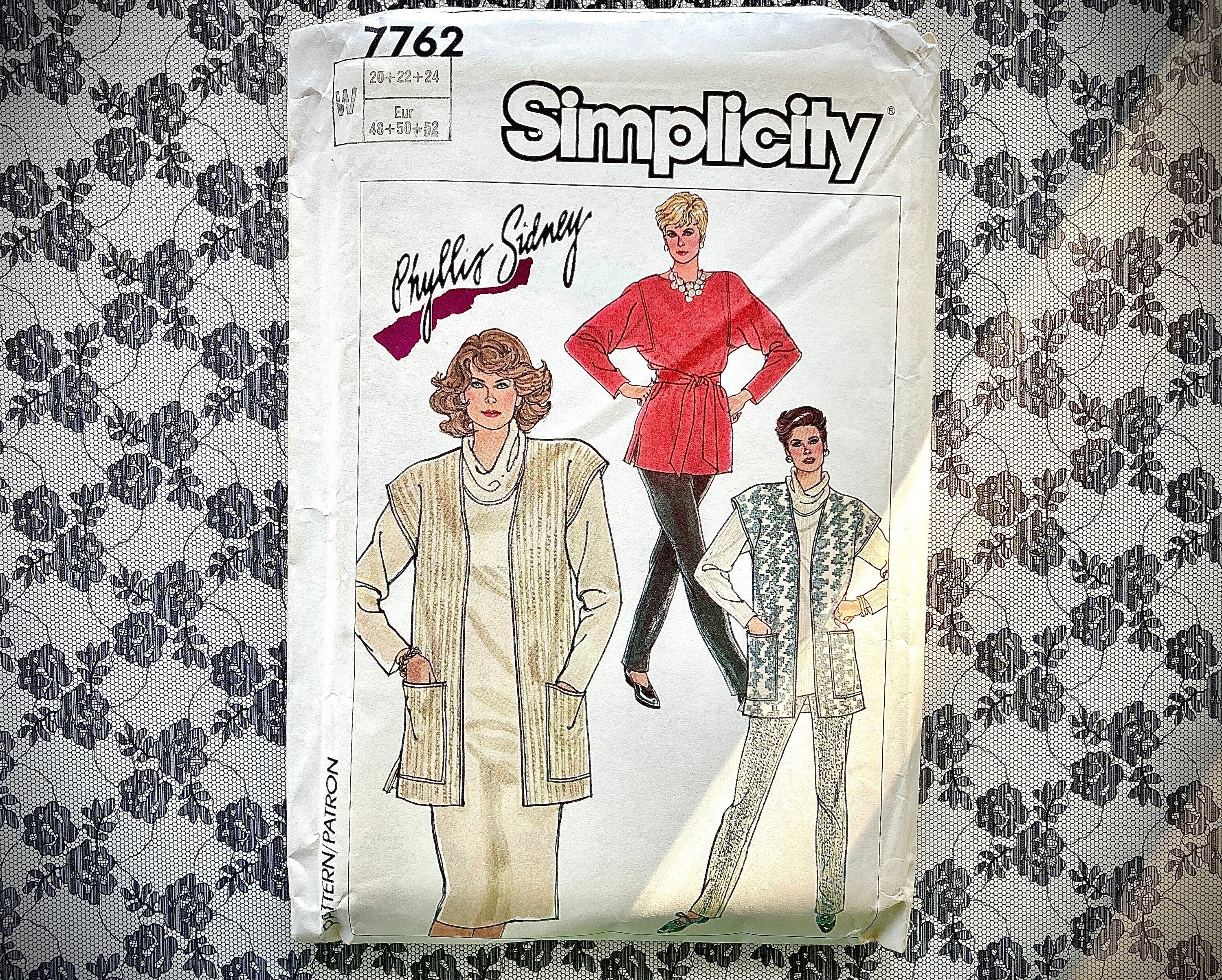 Simplicity 7762 Sz 20, 22, 24 knit dress, top, vest, pull-on pants, stirrups, belt, Cowl Neck, Women’s, Vintage Retro Fashion, 1986, Uncut