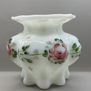 Vintage Milk Glass Vase Hand Painted Roses