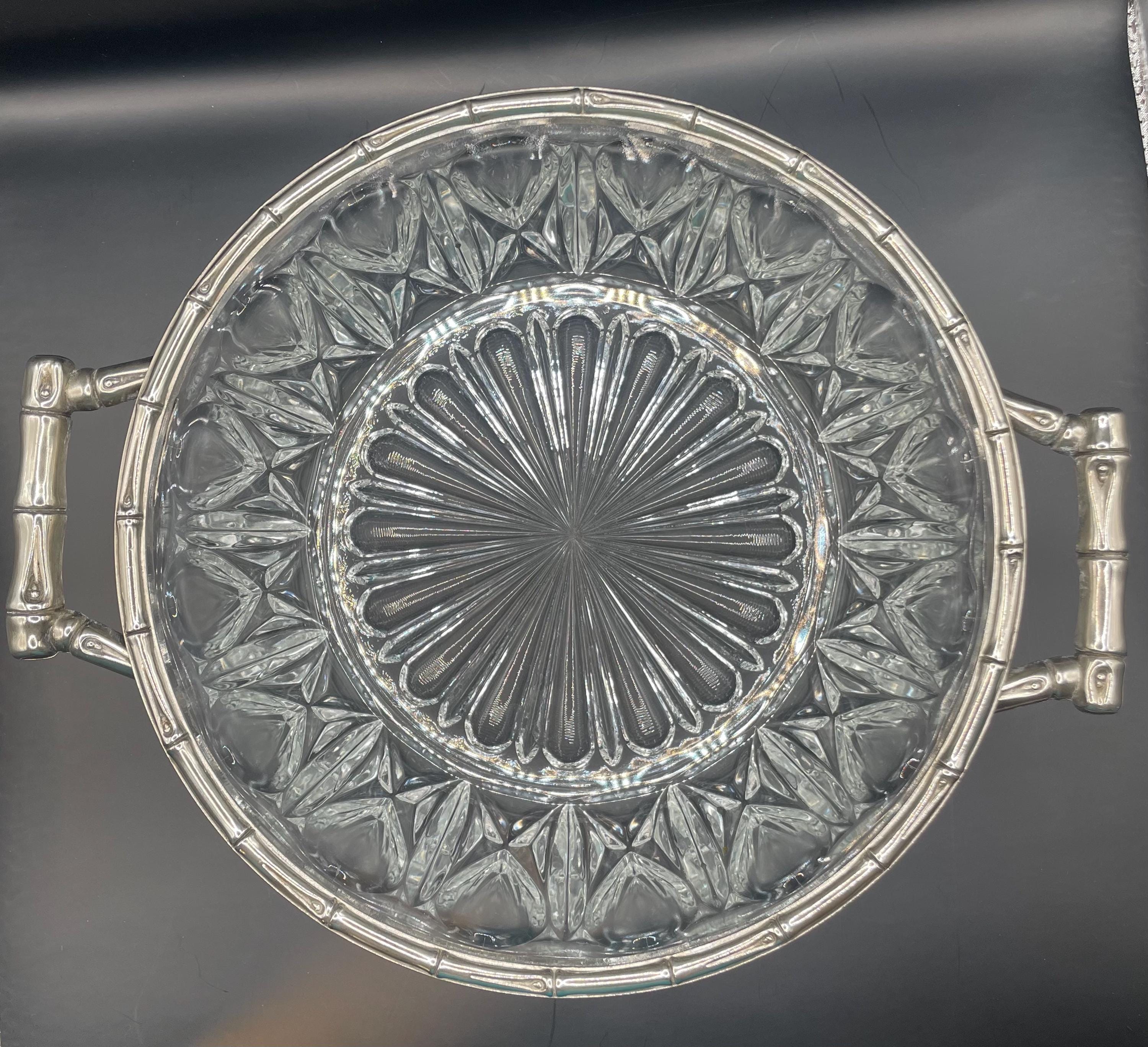 Vintage Italian E.P. Zinc Versilbert Glass Bowl With Bamboo
