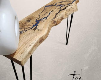 Live Edge eikenhouten consoletafel | Lichtenberg-harskunst, teruggewonnen hout