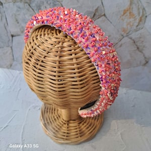 Women Headband, Pink Headband, pink sequined Headband, beads headband, pink beaded headband, pink hair accesories, pink hair piece