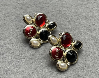 Vintage Yves Saint Laurent Gold Tone Vintage Earrings With Colored Stones Vintage 90s Gold Tone Gift For Her