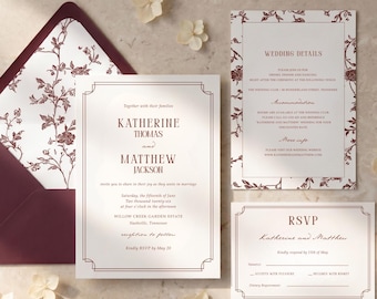 Burgundy Wedding Invitation Template Suite | Canva Editable | Instant Download | Old money style