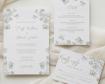 Sage Green Floral Wedding Invitation Suite, Editable Canva Template (Digital Download)