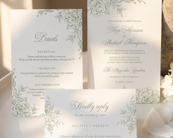 Sage green Wedding Invitation Template suite , Peony Florals, Editable Canva Invite, Printable Digital Download