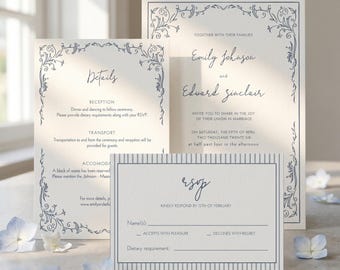 Dusty blue invitation Suite Template |  Editable Canva | 5x7 Invitation, Details Card, RSVP