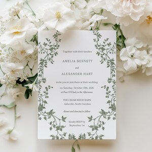 Botanical invite 5x7 inch: Editable Canva Template, Green Floral Printable Wedding Card