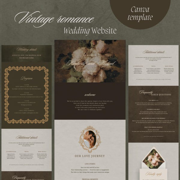 old money invite Vintage Floral Canva Wedding Website: Editable Digital Template